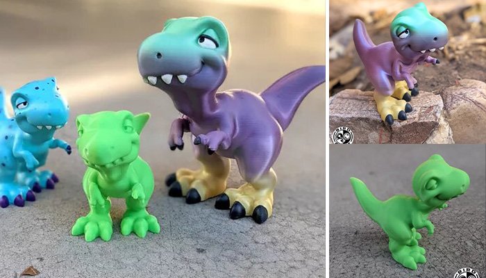 Três dinossauros infantis impressos em 3D nas cores roxa, verde e azul