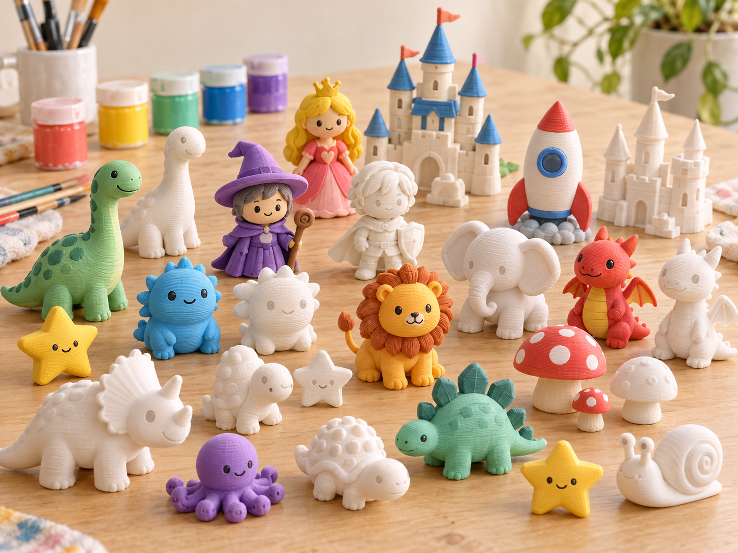 Miniaturas impressas em 3D, algumas coloridas e outras brancas para pintar